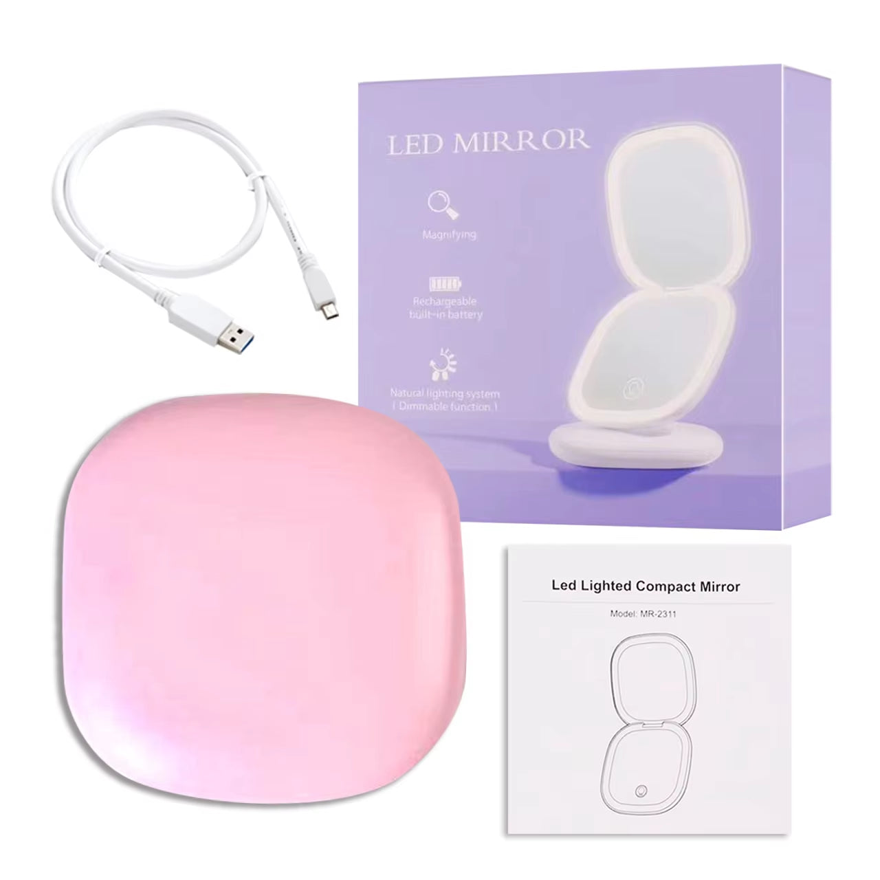 LED Makeup Mirror with Light 5X Magnifying Mini Compact Small Pocket Portable Travel Pink Black Foldable Cosmetic Vanity Mirrors