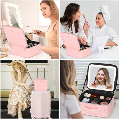 Travel Makeup Bag with Led Mirror Make up Case with Lighted Mirror Cosmetic Organizer Bag with Adjustable Dividers and 5X Magnifying Mirror Makeup Box Vanity Case for Women
