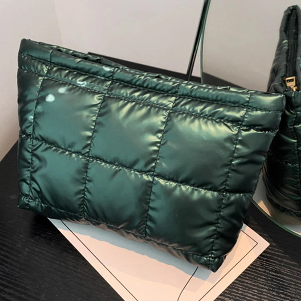 Women Makeup Pouch Padded Quilted Makeup Storage Bag Large Capacity Cosmetic Organizer Bag Solid Color Puffer Handbag Clutch