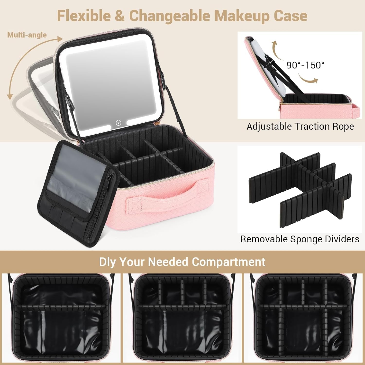 Travel Makeup Bag with Led Mirror Make up Case with Lighted Mirror Cosmetic Organizer Bag with Adjustable Dividers and 5X Magnifying Mirror Makeup Box Vanity Case for Women