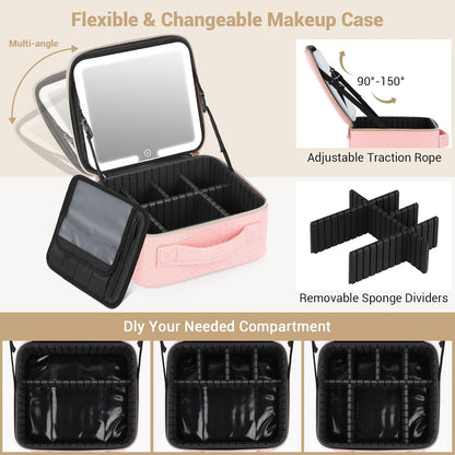 Travel Makeup Bag with Led Mirror Make up Case with Lighted Mirror Cosmetic Organizer Bag with Adjustable Dividers and 5X Magnifying Mirror Makeup Box Vanity Case for Women