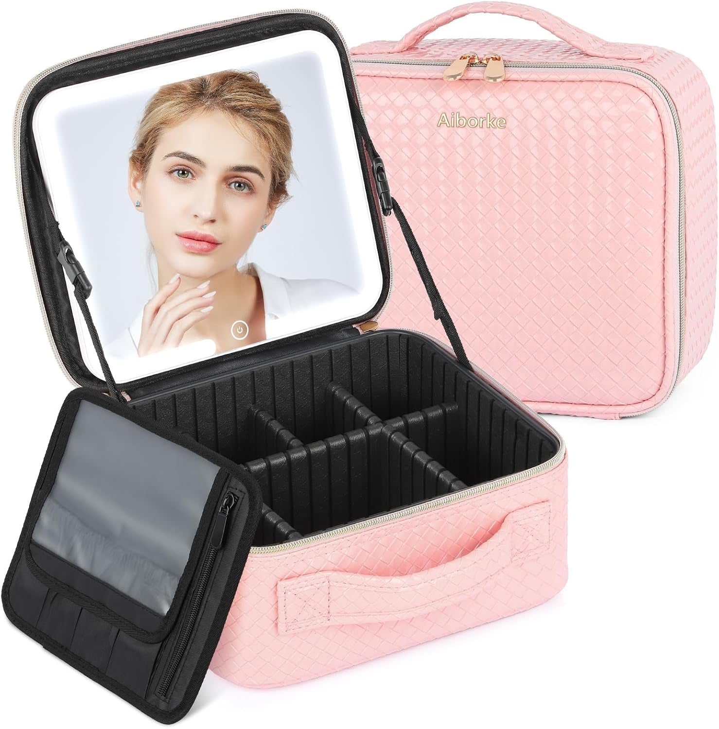 Travel Makeup Bag with Led Mirror Make up Case with Lighted Mirror Cosmetic Organizer Bag with Adjustable Dividers and 5X Magnifying Mirror Makeup Box Vanity Case for Women