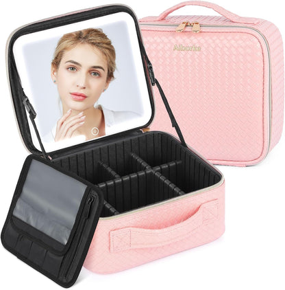 Travel Makeup Bag with Led Mirror Make up Case with Lighted Mirror Cosmetic Organizer Bag with Adjustable Dividers and 5X Magnifying Mirror Makeup Box Vanity Case for Women