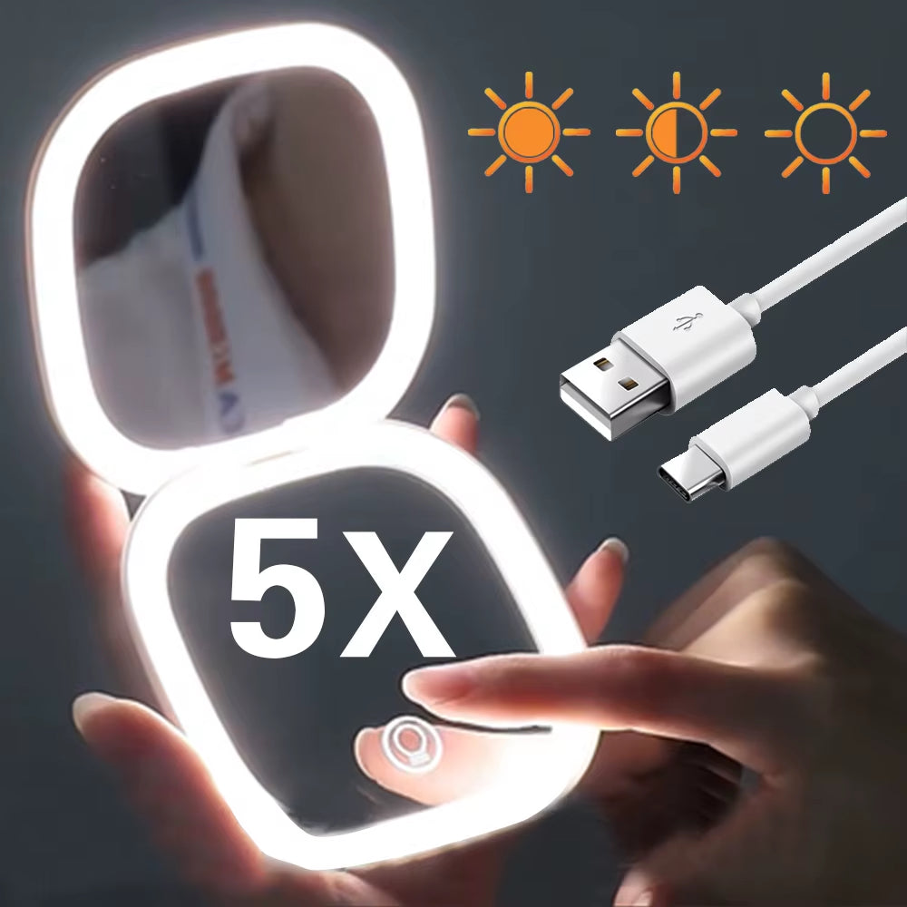 LED Makeup Mirror with Light 5X Magnifying Mini Compact Small Pocket Portable Travel Pink Black Foldable Cosmetic Vanity Mirrors