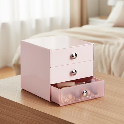 Organizador rosa 3 cajones sobre madera con dormitorio desenfocado al fondo