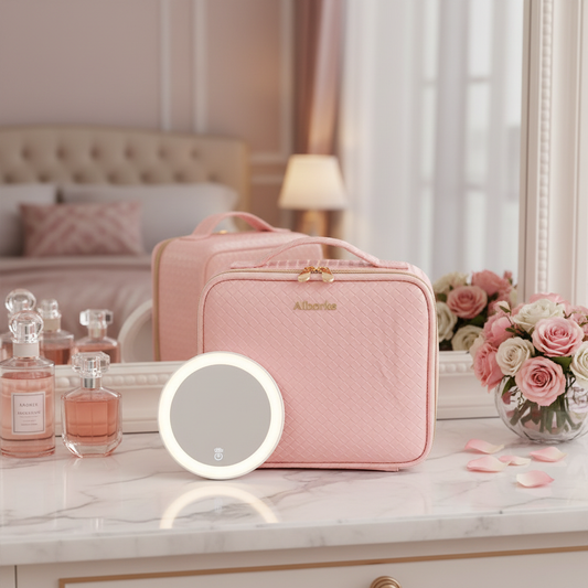 Neceser con espejo LED rosa sobre mármol con luces encendidas